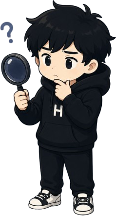 Hypo, the studio’s character, thinking with a magnifying glass in hand